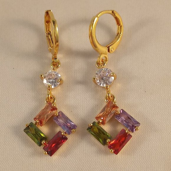 18K Yellow Gold Filled Diamond Zircon Rhombus Shape Dangle Earrings Party Gift - Picture 2 of 4